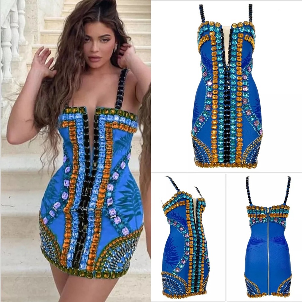 Blue Multicolor Mesh V Neck Embellished Beaded Bandage Bodycon Mini Dress